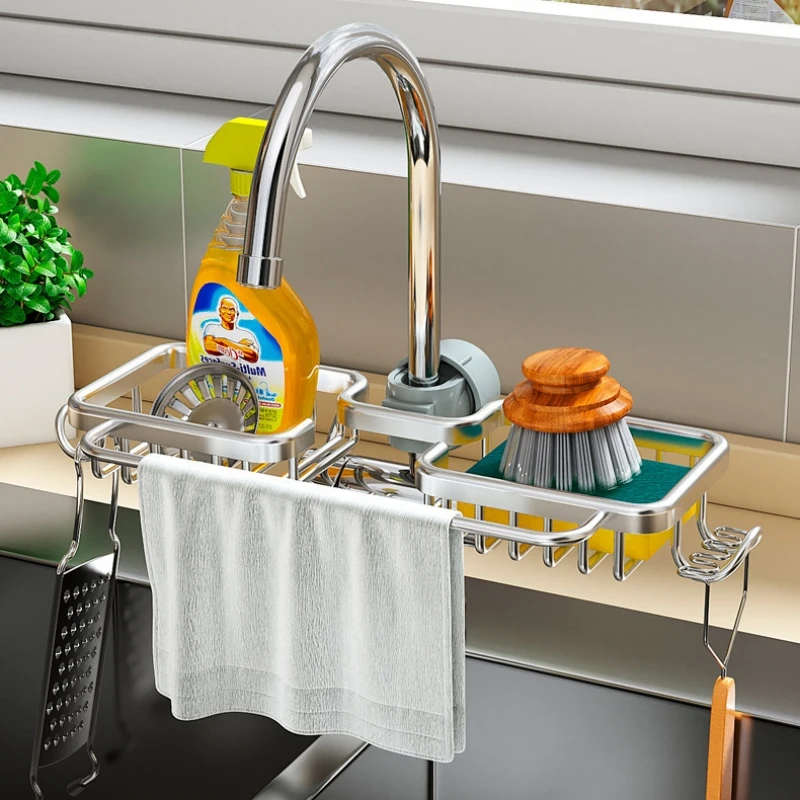 Kitchen Aluminum Sink Storage Rack Sponge Drain Holder Drainer Faucet Shelf Basket Towel Organizer Bathroom Accessories