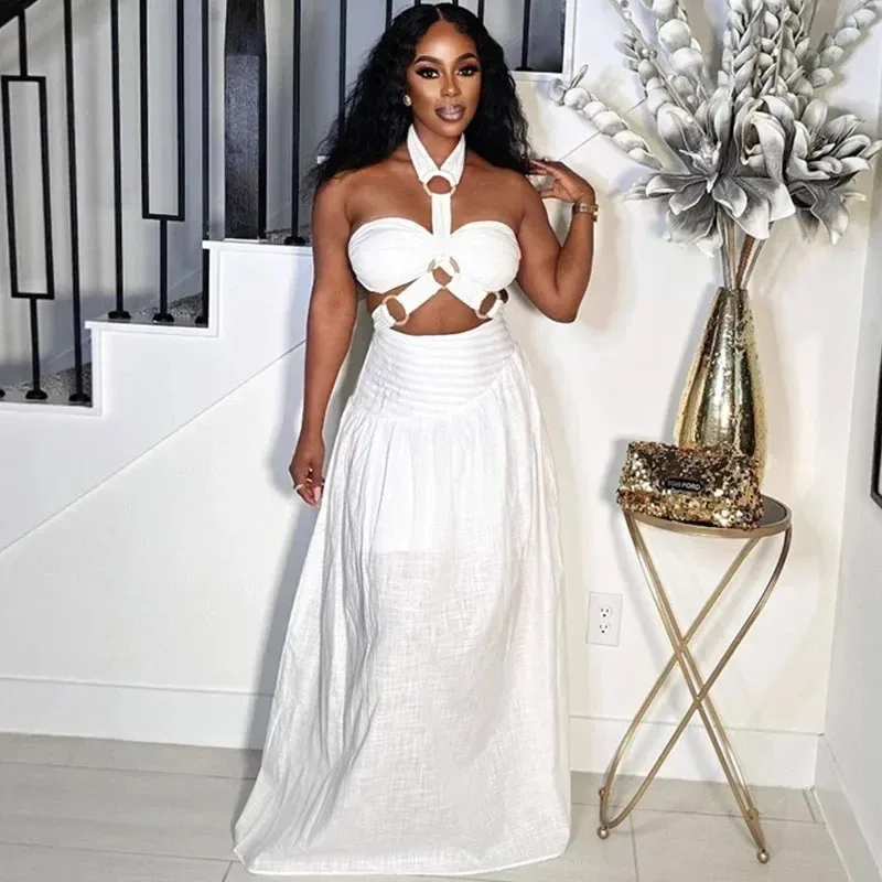 

Sexy Halter Backless Maxi Dress Sets Woman Two Piece Set Festival Outfit Y2K Bandage Hollow Out Top and Long Skirt Matching Sets