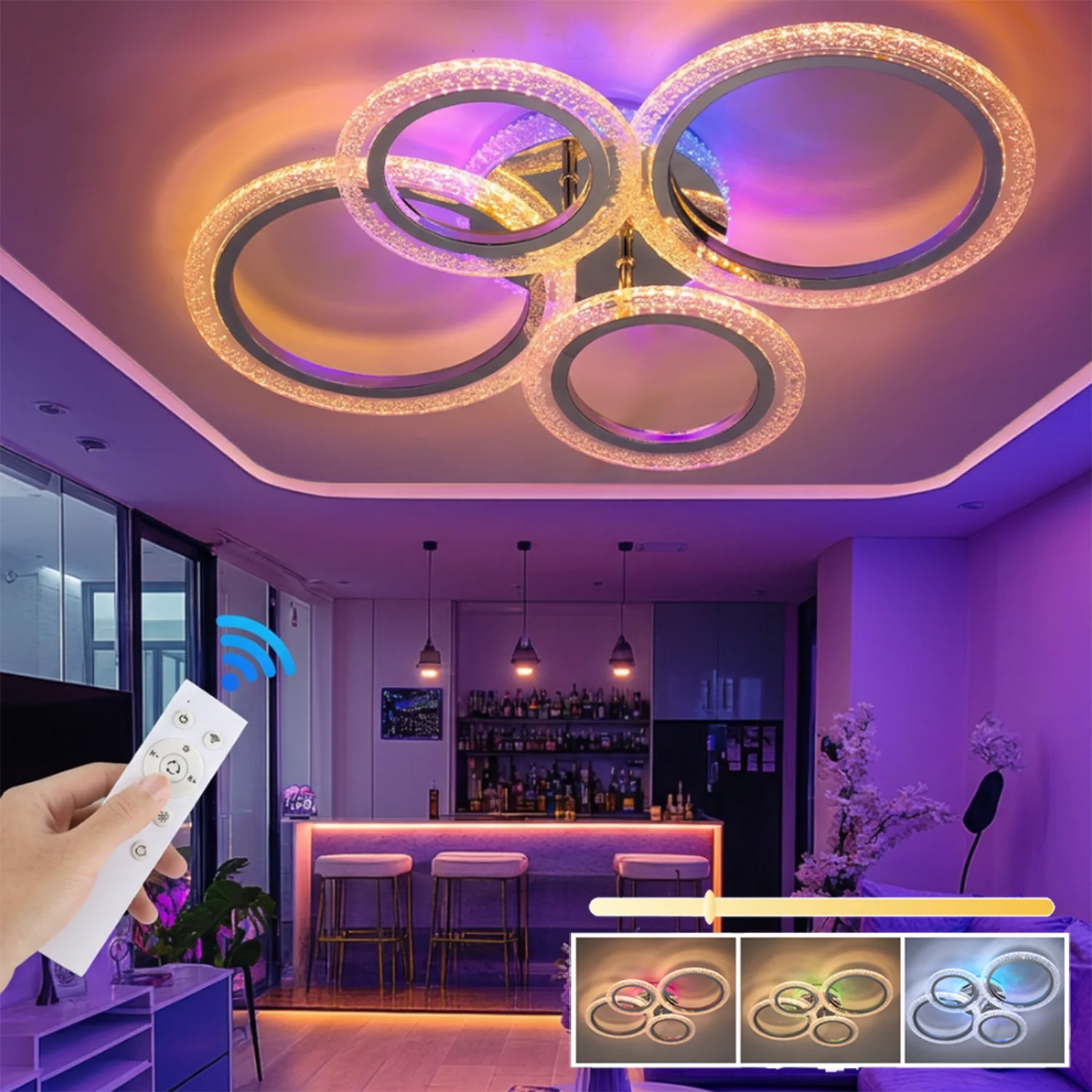 Lámpara de techo LED de acrílico con control remoto, interruptor de pared, RGBW regulable, 4 anillos, proceso de galvanoplastia, 57 cm, para dormitorio, sala de estar, comedor