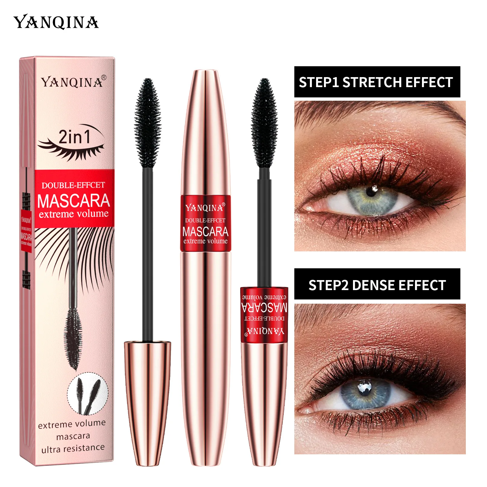 YANQINA 2in1 Mascara Silica Gel Brush Lengthening Curling Densely Waterproof Cool Black Eyelash Growth Solution Makeup