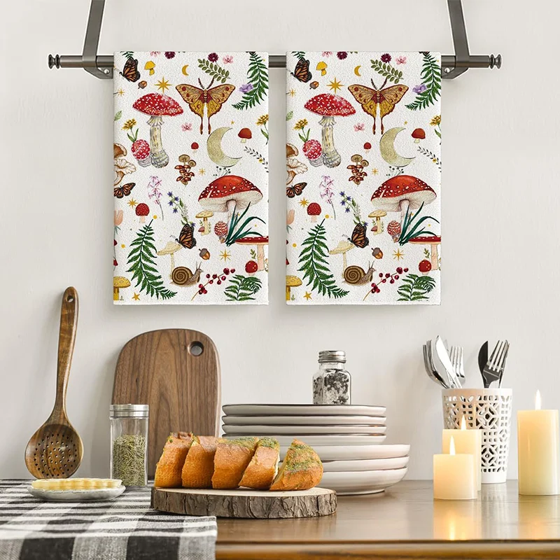 2Pcs, Mushroom Butterfly Kitchen Towels, 40Cm*60Cm Towel Set, Super Absorbent Soft Cleaning Cloth, Cooking and Baking Tea Towel, Hand Towel, Cleaning Cloth, Dishcloth, Kitchen Decoration, Living Room Decoration, Kitchen Essentials, Home Essentials