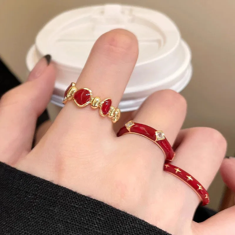 Ring Open Adjustable Red Enamel Minimalist Versatile Daily Fashionable Jewelry for Women Fall Winter
