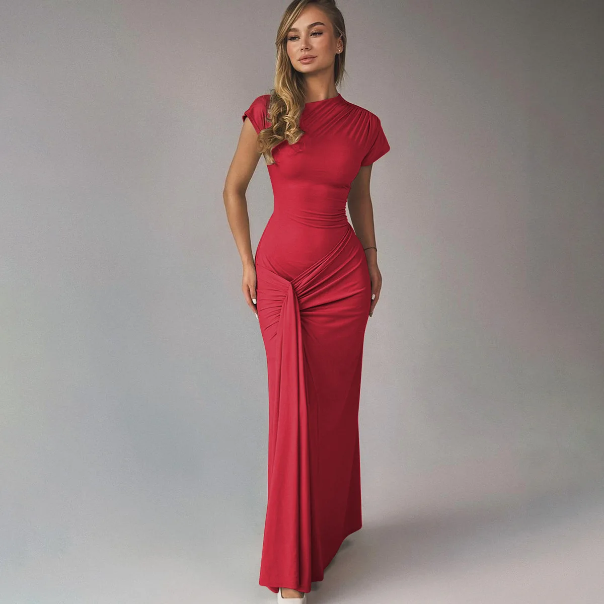 Long Dress Women Dresses Round Neck Short Sleeve Sexy Vestidos Slim Fit Splice Y2k Party Work Night High Waist Summer 2025