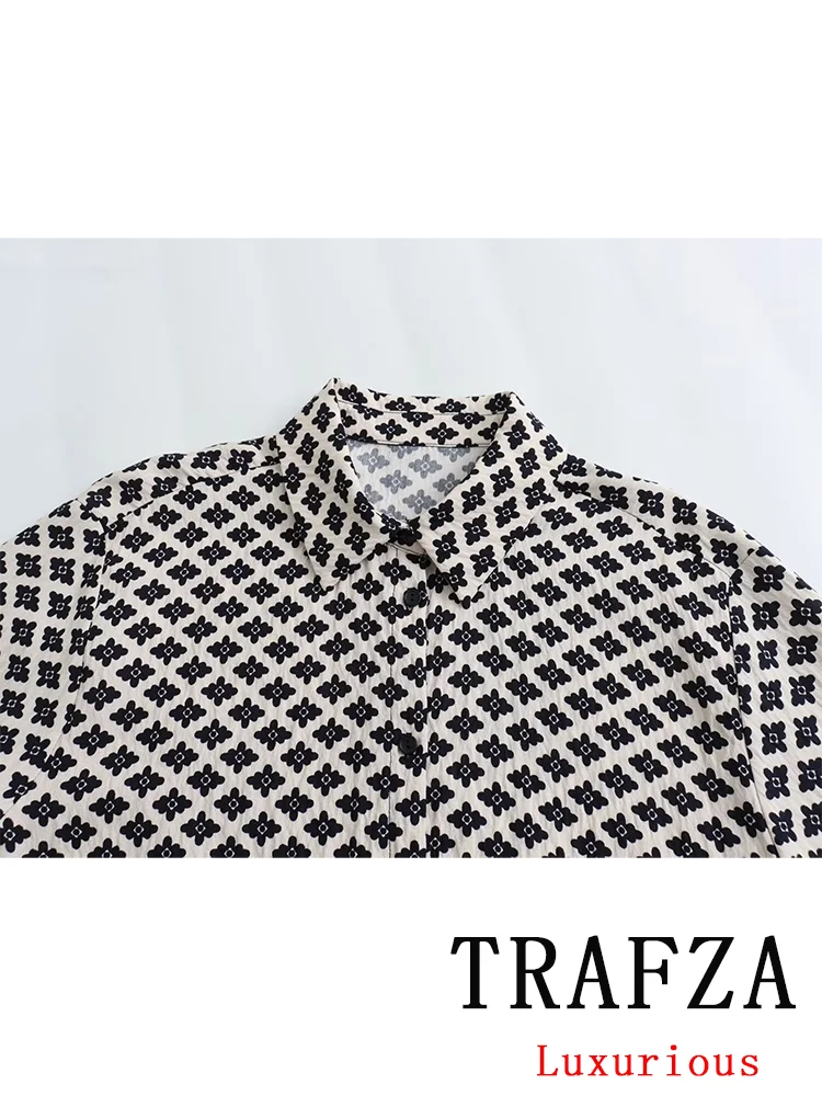 TRAFZA-traje con estampado informal Vintage para mujer, camisa de manga larga con botonadura única, pantalones largos holgados, conjuntos bohemios