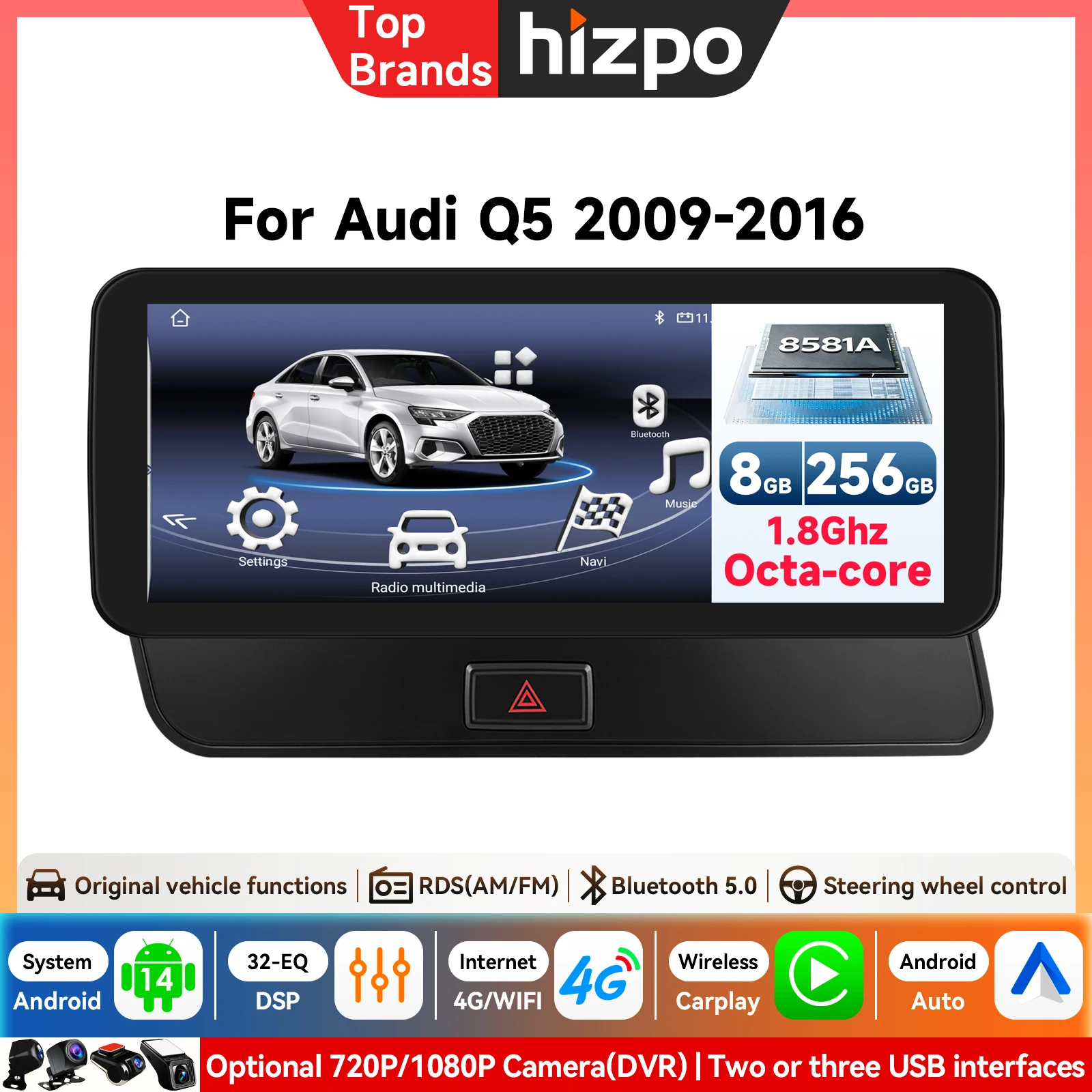 10,25'' AI-Systeme Android Autoradio Stereo für Audi Q5 2008-2017 WiFi 4G LTE 8+128GB CarPlay BT IPS Touchscreen GPS Multimedia