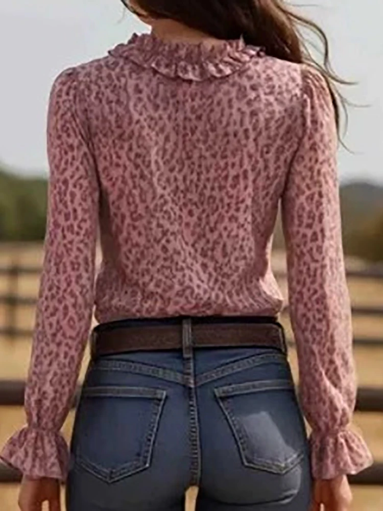 V Neck Long Flare Sleeve Ruffles Patchwork Chic Shirt Women Leopard Printing Casual Blouse Simple Holiday Top for Spring Autumn