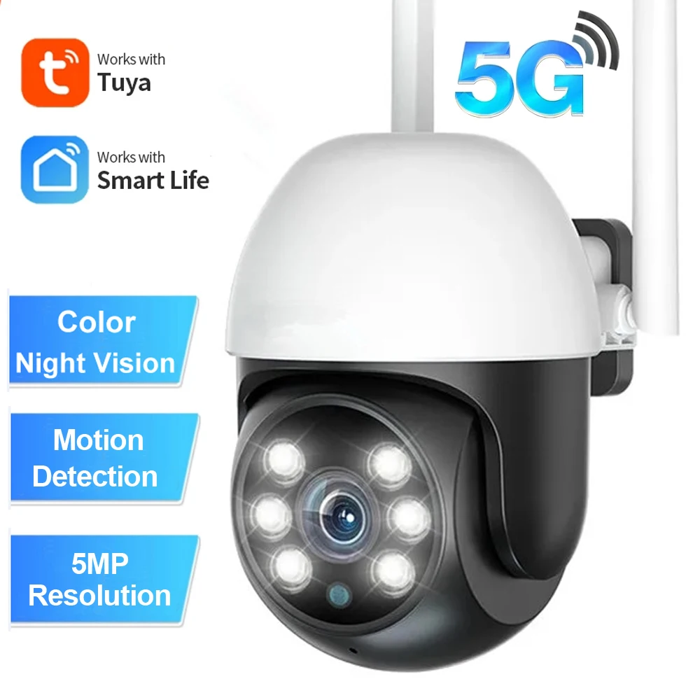 

Tuya 5Ghz 2.4Ghz 2K 5MP WiFi PTZ Camera Outdoor Motion Detection Full Color Night Vision IP Home Security Alarm Two Way Audio