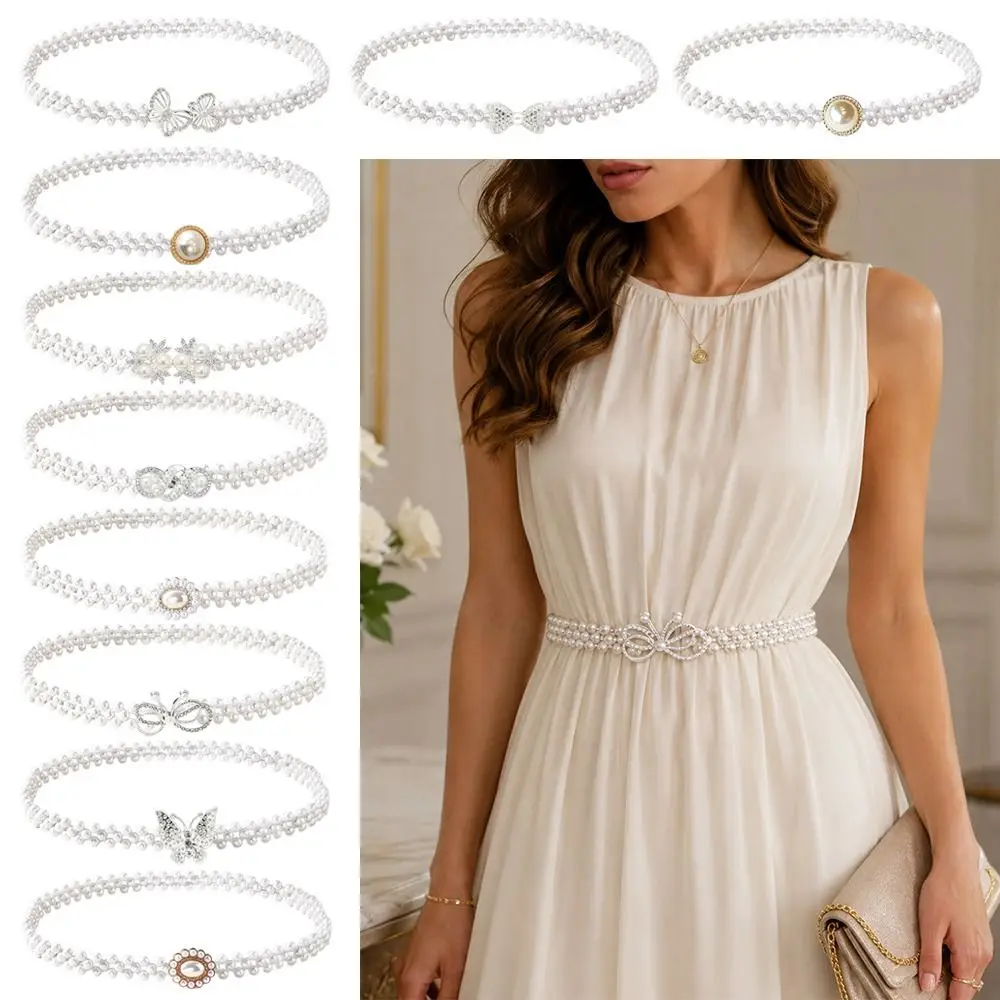 Pearl Beads Pearl Waist Chain Stretch Elastic Band Rhinestone Inlaid Beaded Slim Belt Thin Narrow Style Pearl Strung Design