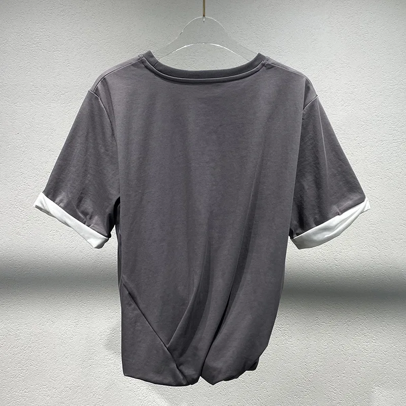 2026 Summer New Fake Two Piece T-shirt Women Round Neck Pleated Design Rolled Short Sleeve Casual Tops