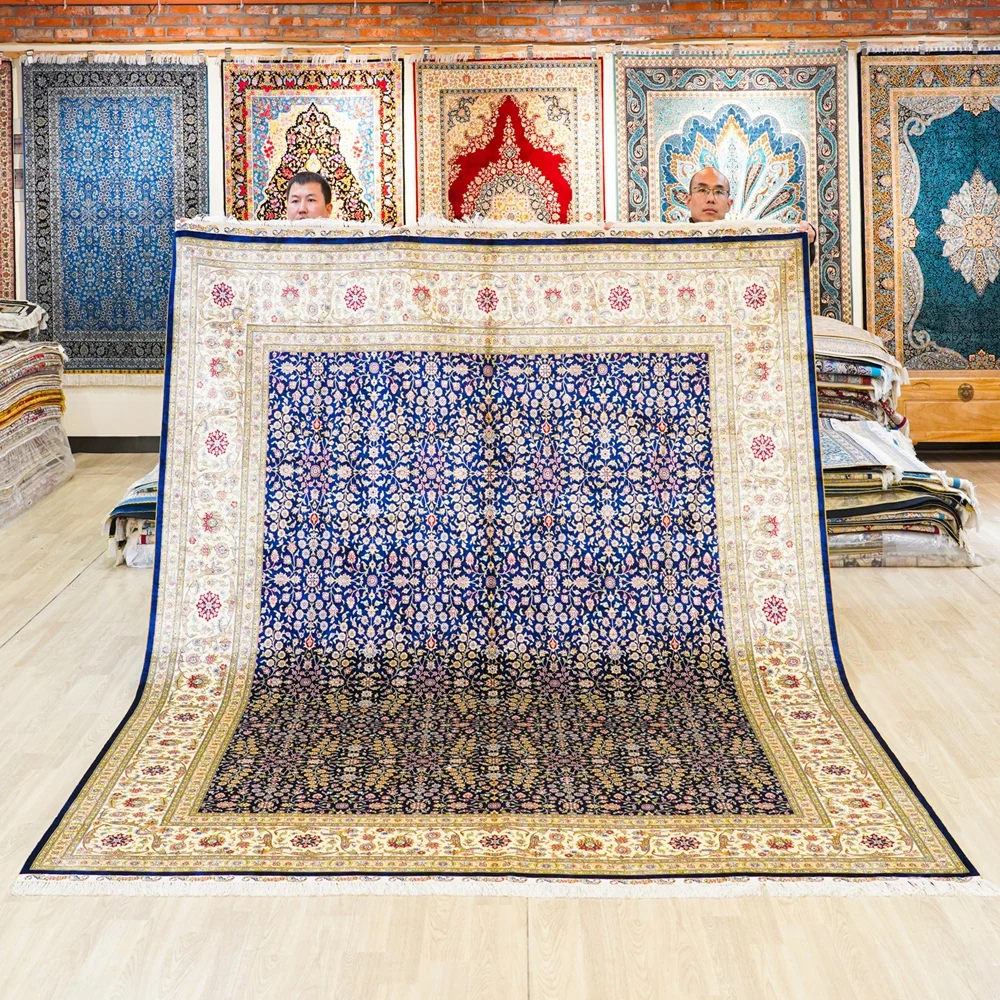 244x305cm Handmade Silk Rug Vintage Oriental Floral Hand Knotted Home Carpet