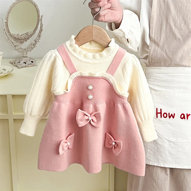 Girls Skirt 2025 Spring and Autumn New Childrens Clothing Girls Baby Sweet and Fashionable False Two Knitted Dress Simple