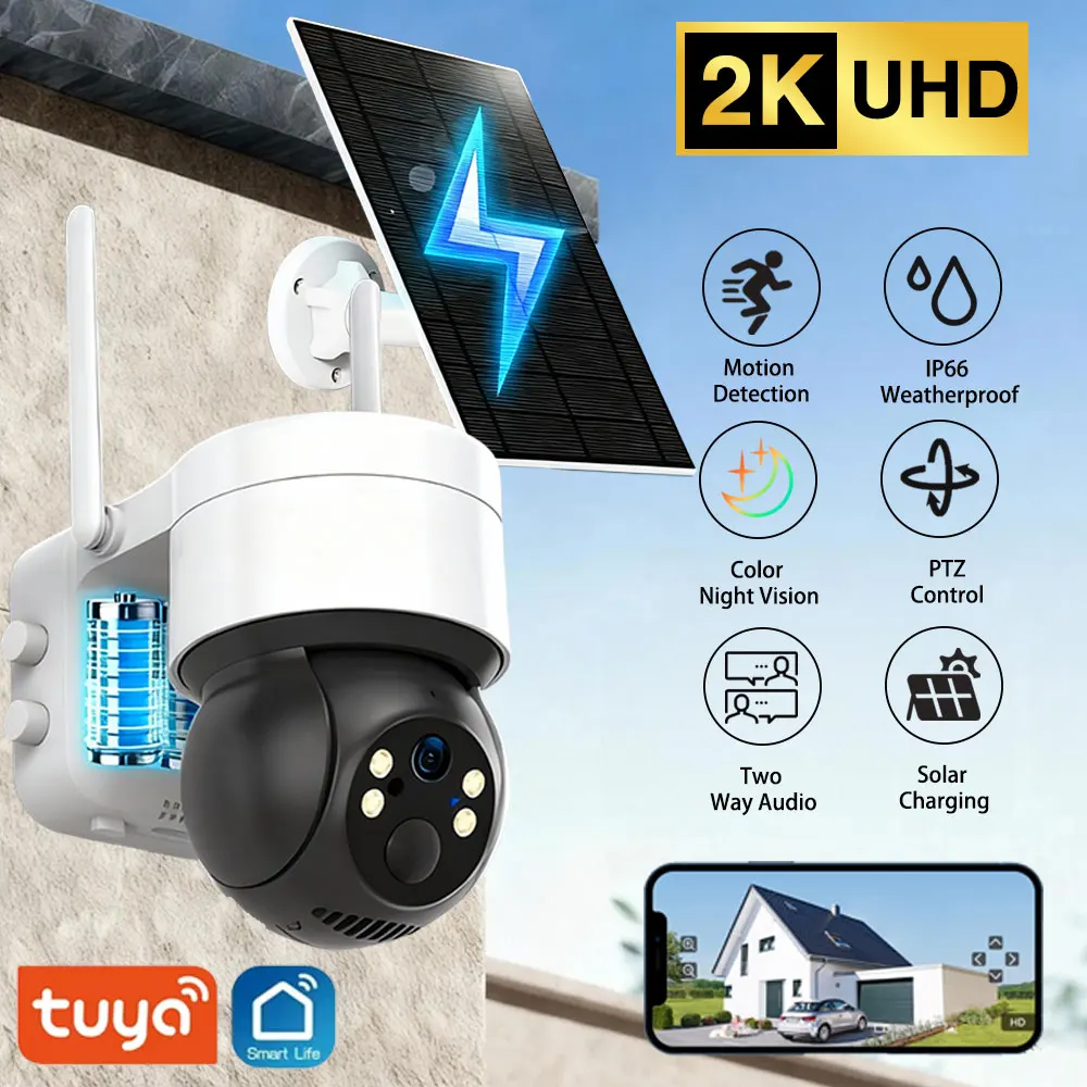

﻿ Tuya SmartLife 5MP 2K WiFi Battery Solar Motion Tracking Human Detect Color Night Vision Outdoor PTZ CCTV Camera
