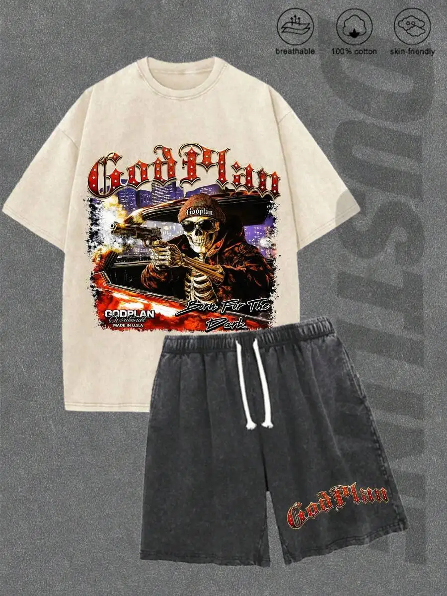 Conjunto de camiseta y pantalones cortos vintage lavados para hombre. 100% algodón, estampado de coche Godspeed Highway. Retro desgastado. Ropa Urbana de Verano. Excelente