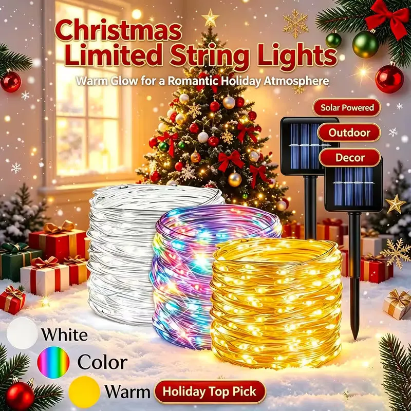 New Solar Outdoor Wire Lights High Brightness 300/200/100/50LED for Christmas Tree Yard Garden Wreath Balcony Wedding Decor