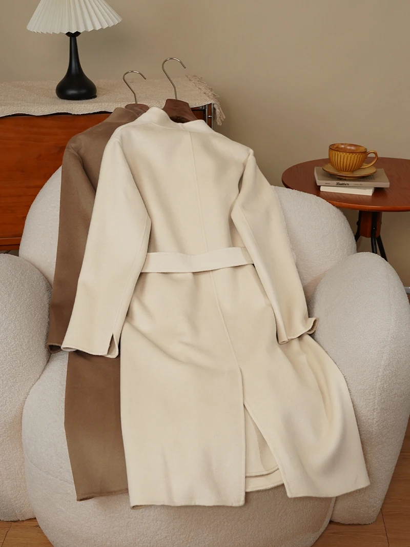 High-end feminino de lã dupla face camere batobe sle casaco alta nce sensação lã de seda outerwear inverno