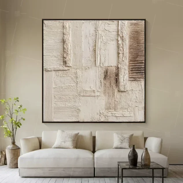 #Handmade Modern Abstract Canvas Wall Art Beige Watercolor Design for Home Decor and Hotel-Elegant Plaster Sculpture