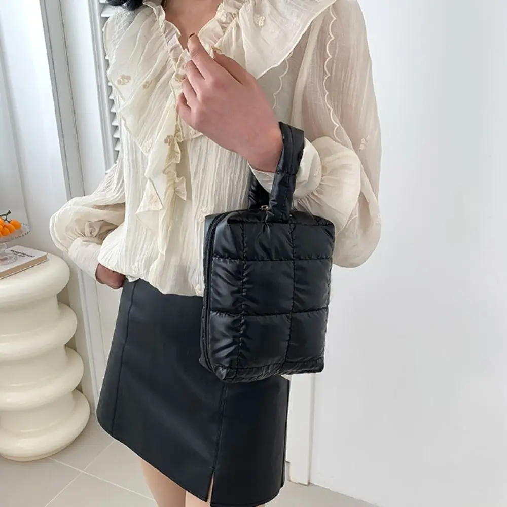 Soft Solid Color Puffer Handbag Quilted PU Leather Padded Makeup Bag Square Korean Style Plaid Clutch Bag Work