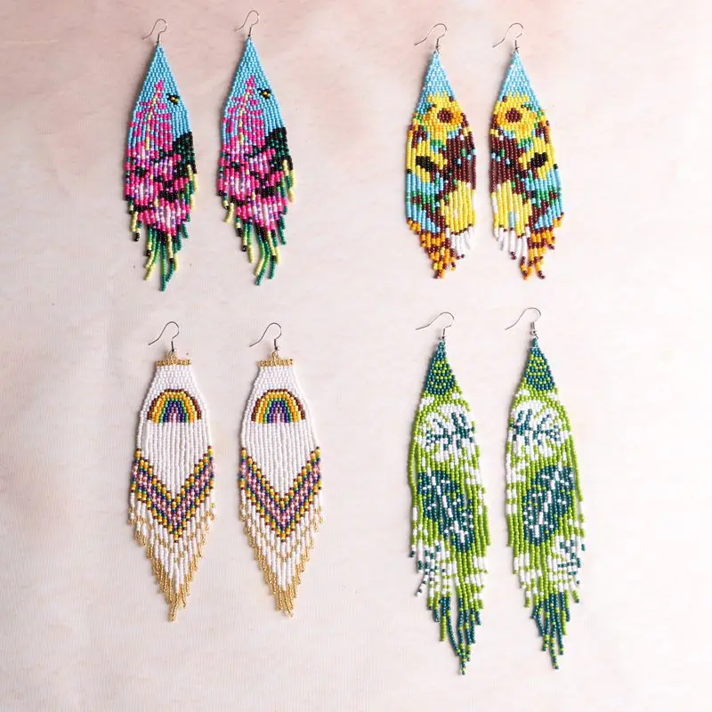 Rice bead earrings Tassels Flowers Leaf Bohemia Creativity Rainbow Hand weaving Female Alloy Fashion Simple Beaded earrings