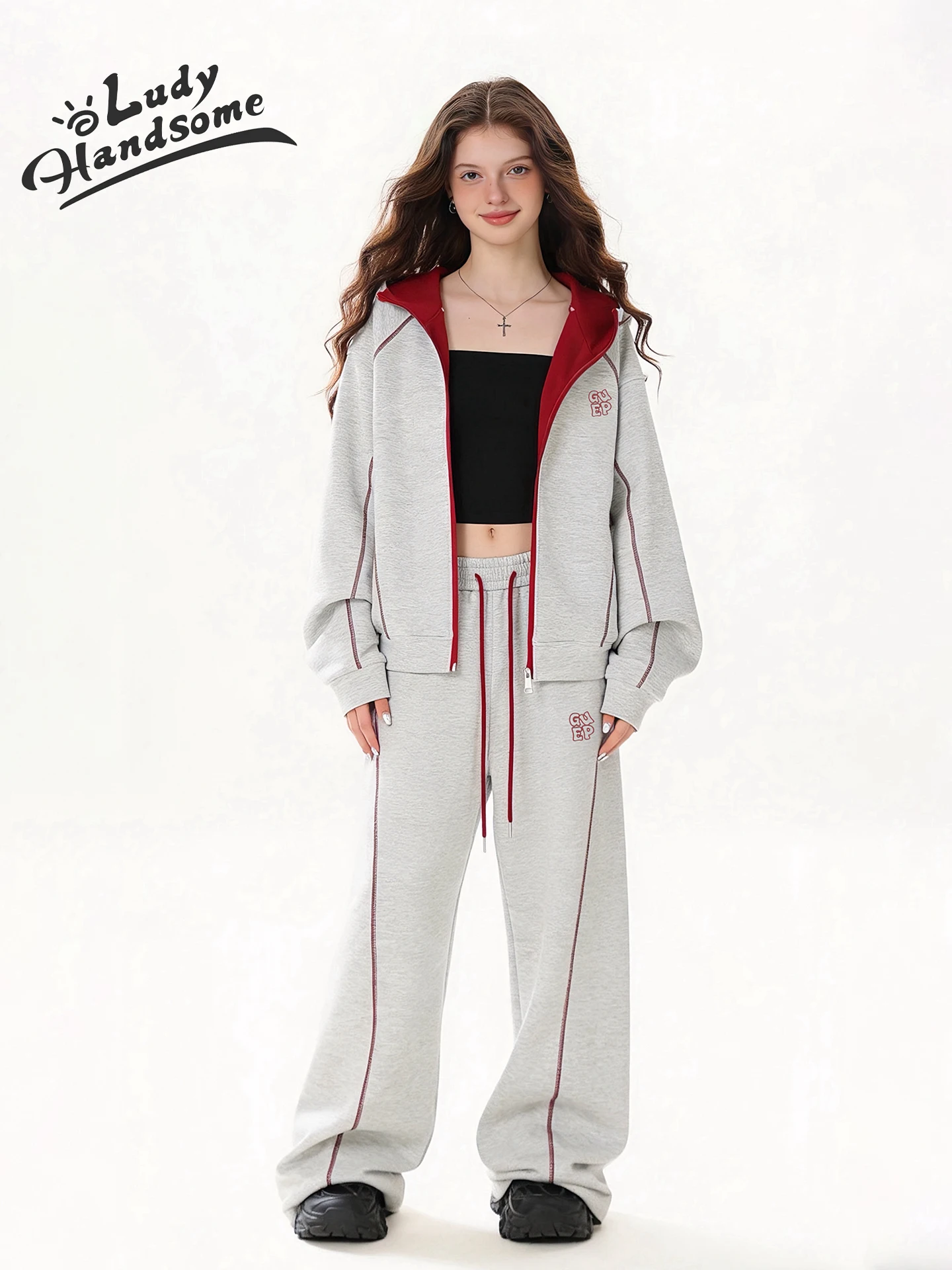 

LDHS American Sle Hassed Line Hoodie Set Women's Color Blo Zipper Jaet Lazy Sle Sports Hat irt Loose Fit Long S...