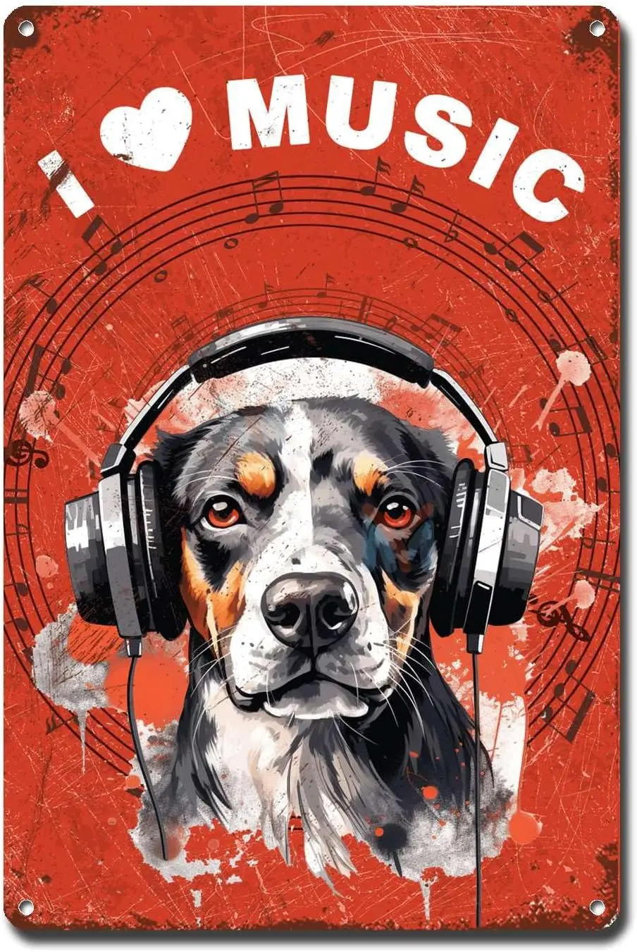 Metal Sign Tin Sign Vintage Wall Art I Love Music Dog Listen Music Restroom Tin Sign for Restaurant 8x12inches sign