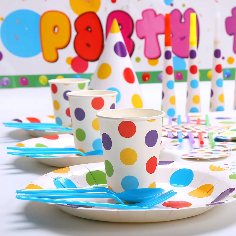 Children\'s birthday color polka dot theme party set, paper napkins paper cups paper plate picnic disposable cutlery party decora