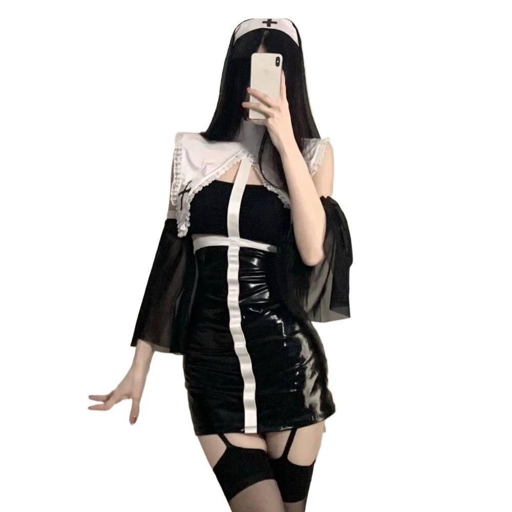 

Sexy Lingerie Anime Nun Cosplay Witch Outfit Kawaii Japanese Uniform Set Open Chest Patent Leather Dress Nightclub Party Costume