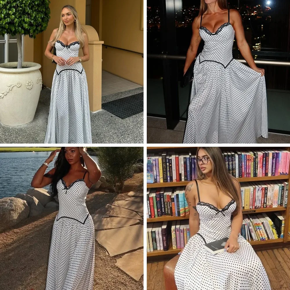 

Sexy Off-Shoulder Polka Dot Maxi Dress with Lace Trim, Waist Cinching & A-Line for Vacation Party