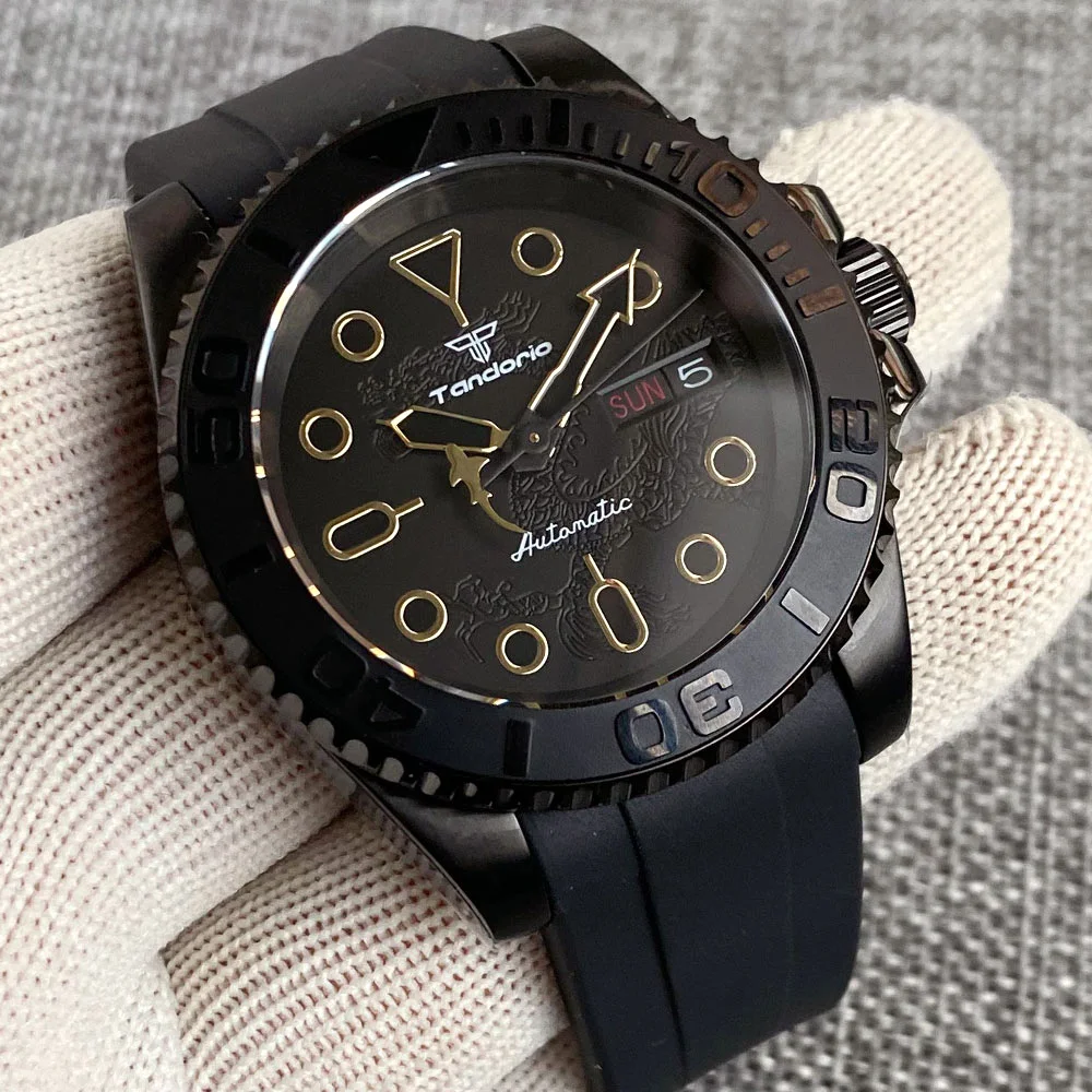 Tandorio Dragon-patterned Dial 40mm black PVD case Diving Watch Sapphire Glass NH36A movt 200m Waterproof Date 3 rubber band