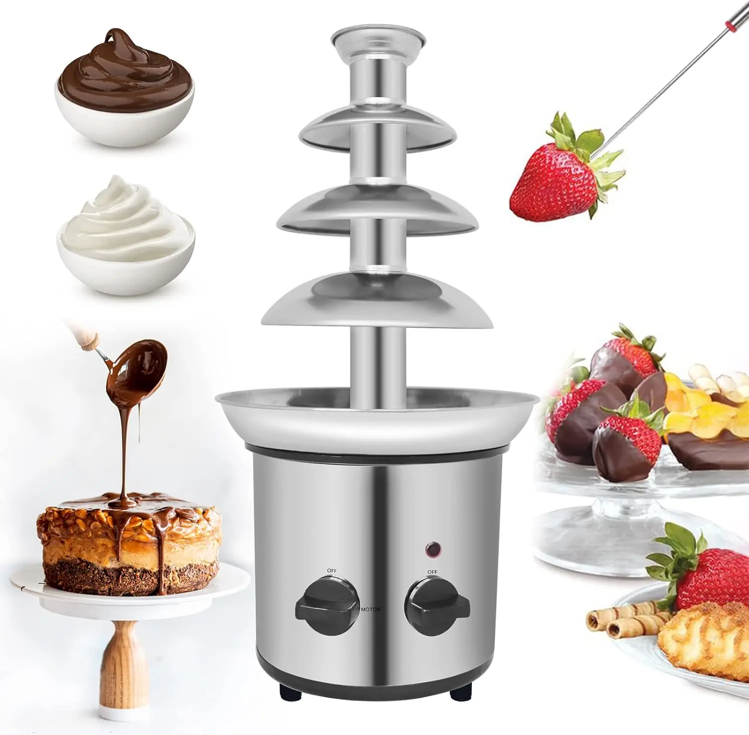 Chocolate Fountain 4 Tiers Electric Melting Machine Fondue Pot Set for Chocolate Candy Ranch Nacho Cheese Baby Shower Bir