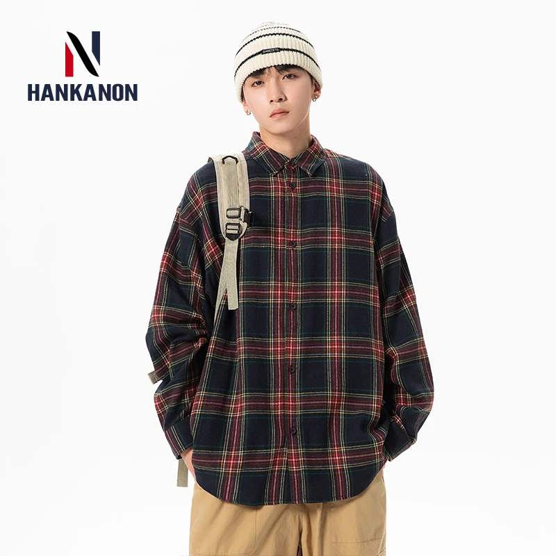 Plaid Shirt with Long Sleeves, Loose Fit, for Casual Men, Harajuku Style, Spring and Autumn Brushed Cotton Shirt.Oversized