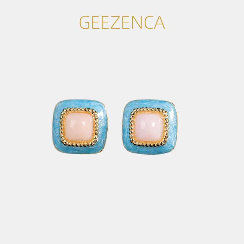 

GEEZENCA 925 Silver Colored Enamel Pink Shell Square Small Earrings Women Simple Trendy Stack Flat Back Stud Earring Gift