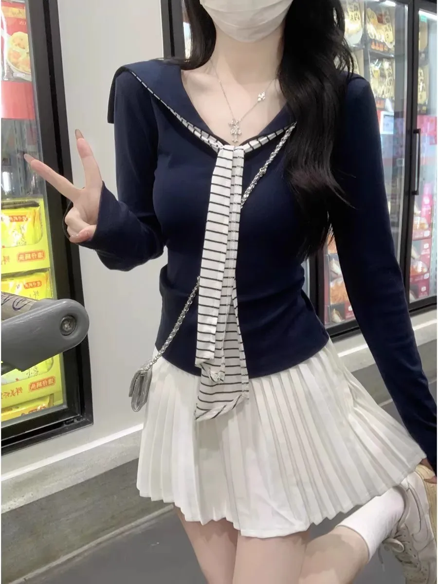 한국 대학 스타일 네이비 칼라 롱 슬리브 티셔츠 여성용 가을 겨울 신상 슬리브 페이크 투피스 숄더 랩 슬림 핏 탑