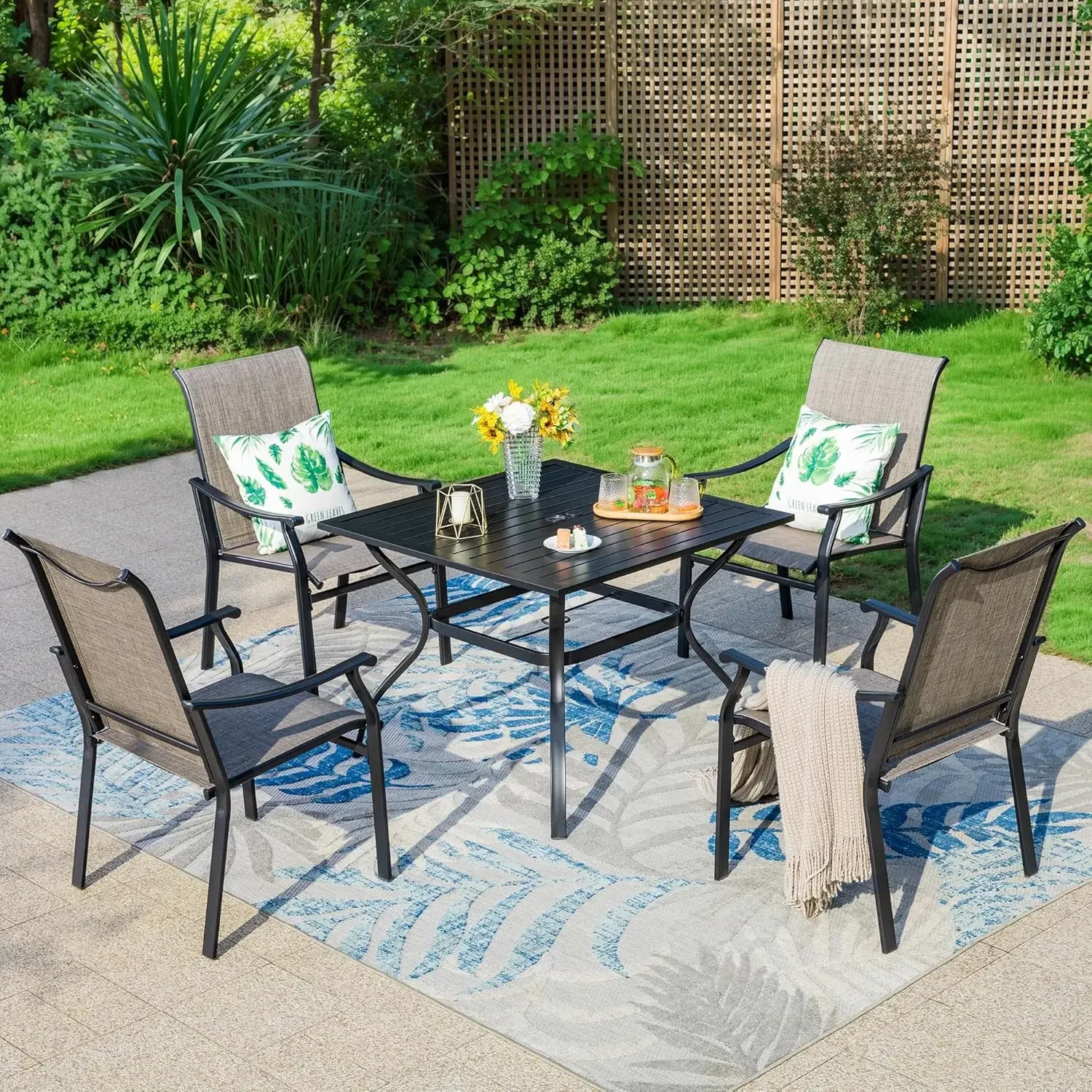 2 PCS Metal Frame Patio Sling Chairs with Backrest and Armrest, All Weather Resistant Heavy Duty Patio Chair, Grey