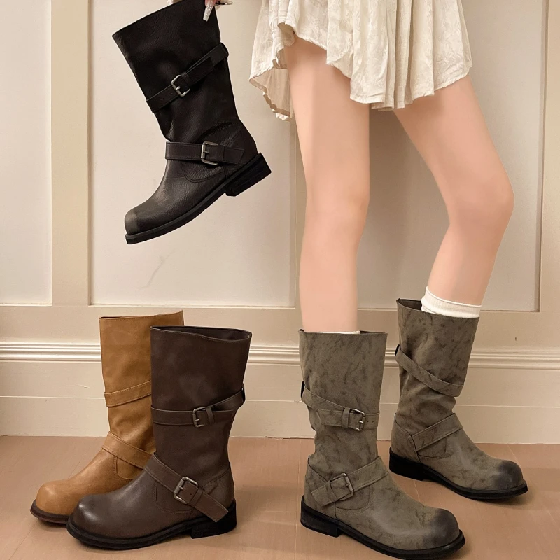 Women Vintage Distressed Mid Calf Boots Double Metal Buckle Strap Round Toe Block Heel Autumn Winter Ladies Western Cowboy Boots