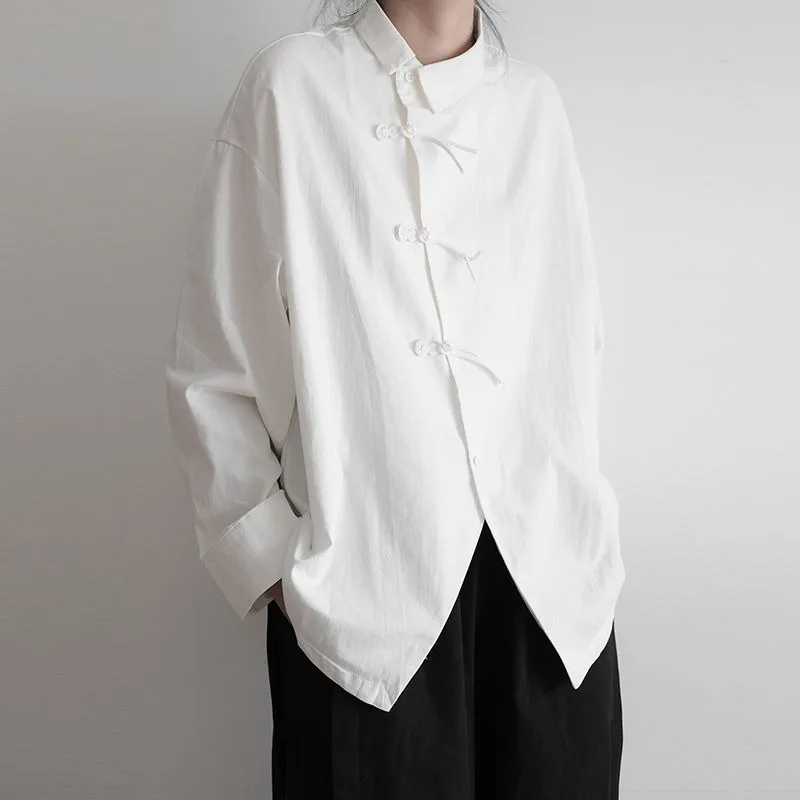 QWEEK Vintage Chinese Style White Shirt Irregular Long Sleeve Oversized Blouse Solid Color Button Up Minimalist Autumn Clothes