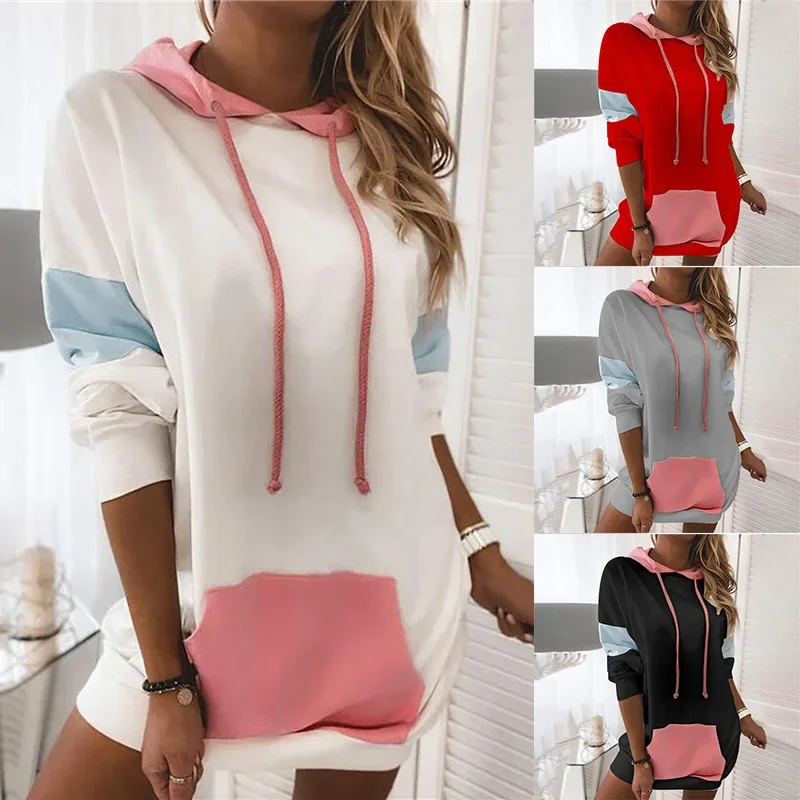 Women Patchwork Color Match Loose Fashion Sweatshirt T-shirts Jumpers Long Sleeve Hooded Tops Pullover Female Casual Hoodies New