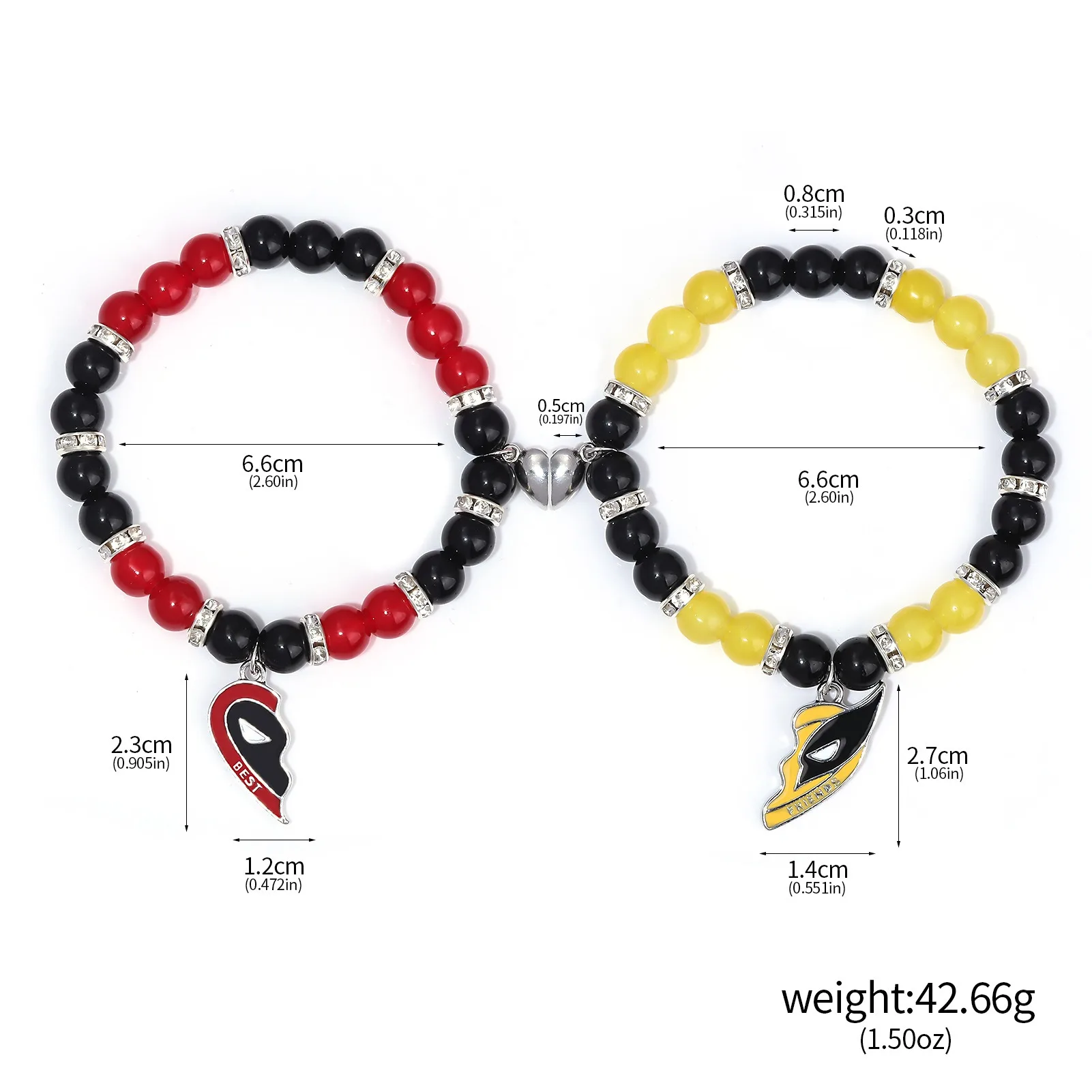 MINISO 1 Pair Deadpool Wolverine Bracelets Best Friends Heart Pendant Stone Beaded Bracelet Friendship Jewelry Couples Bracelet