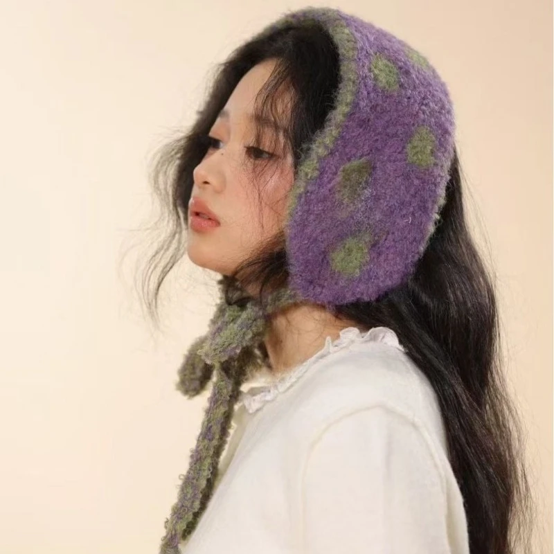

Korean Ins Polka Dot Jacquard Contrasting Color Knitted Headscarf Women Autumn and Winter Warm Ear Protection Versatile Earmuffs
