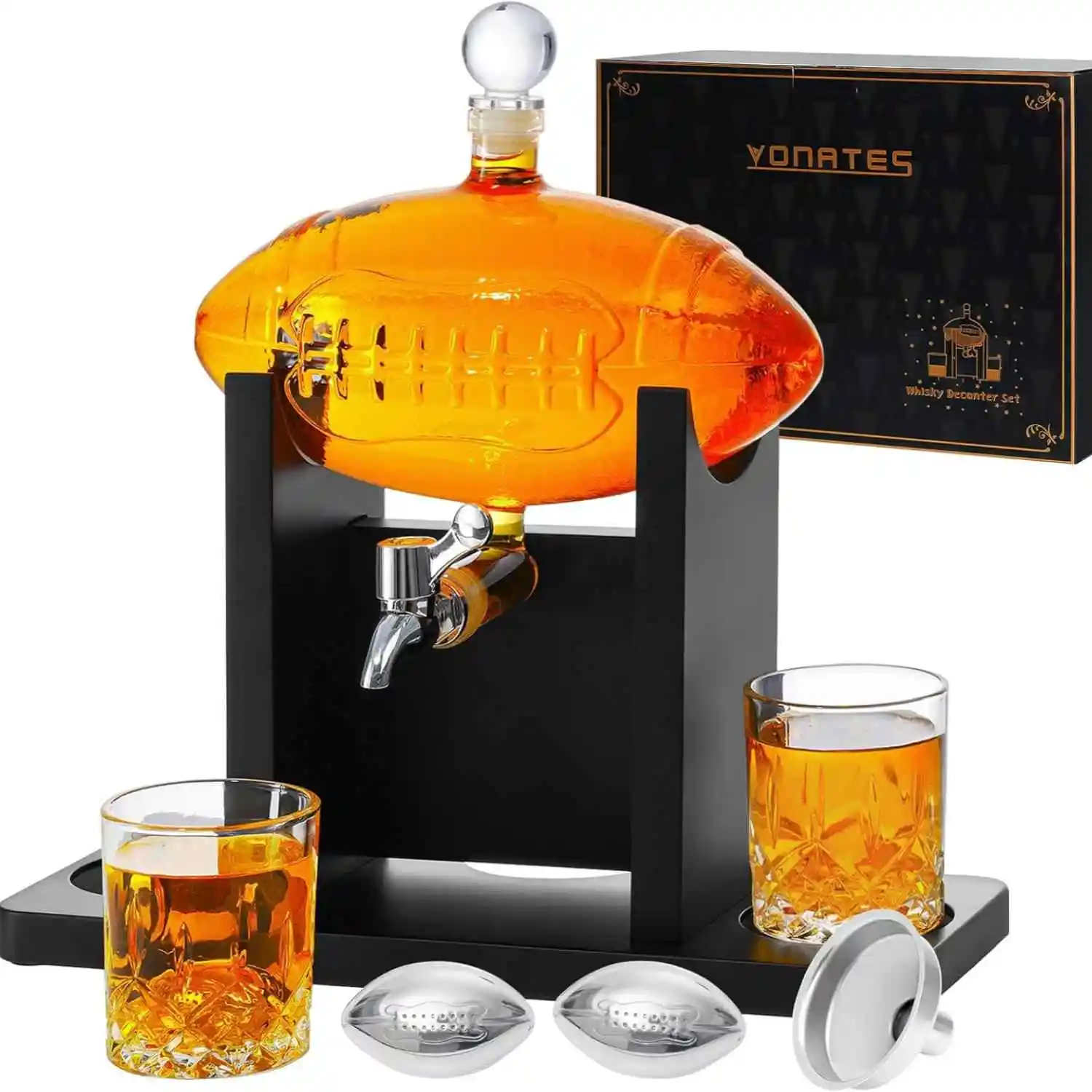 Decantador de whisky con forma de balón de fútbol americano de 47 oz, juego de decantador de licor con 2 vasos + 2 enfriadores de licor con forma de balón de fútbol americano para licor, bourbon, vodka, para papá, esposo