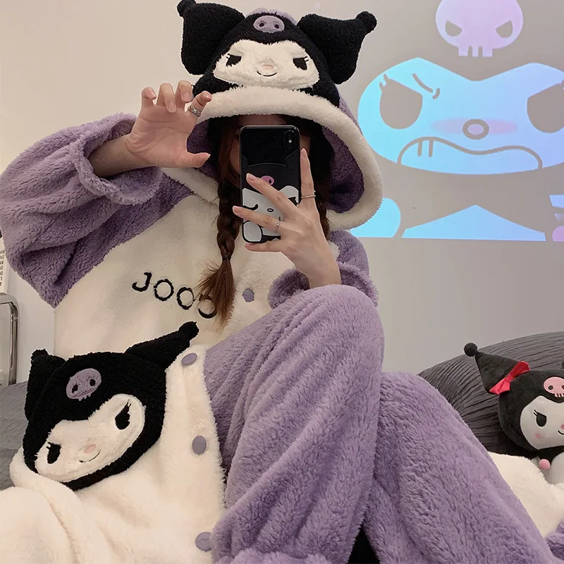 

Sanrio Kuromi Melody Pajamas Y2k Plush Clothes 2 Piece Women Soft Flannel Pants Kawaii Home Black Coral Fleece Sleepwear Suit