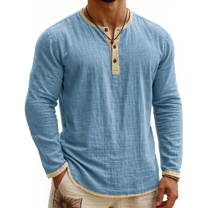 Men's Summer New Shirt Henry Shirt Casual Long Sleeve Top Men's Clothing