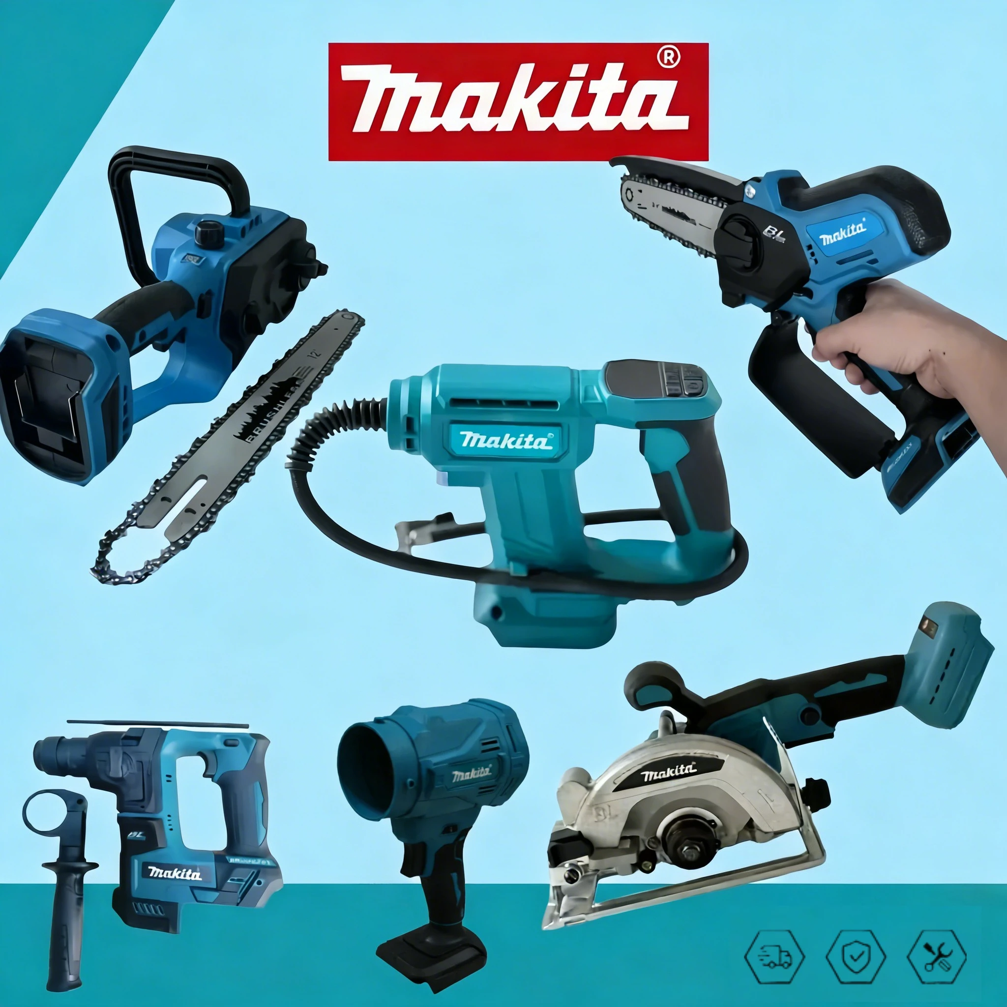 

Набор инструментов Makita 18В: бесщеточная шлифовальная машина, пистолет для герметика, цепная пила, компрессор, силиконовый пистолет, отрезной станок