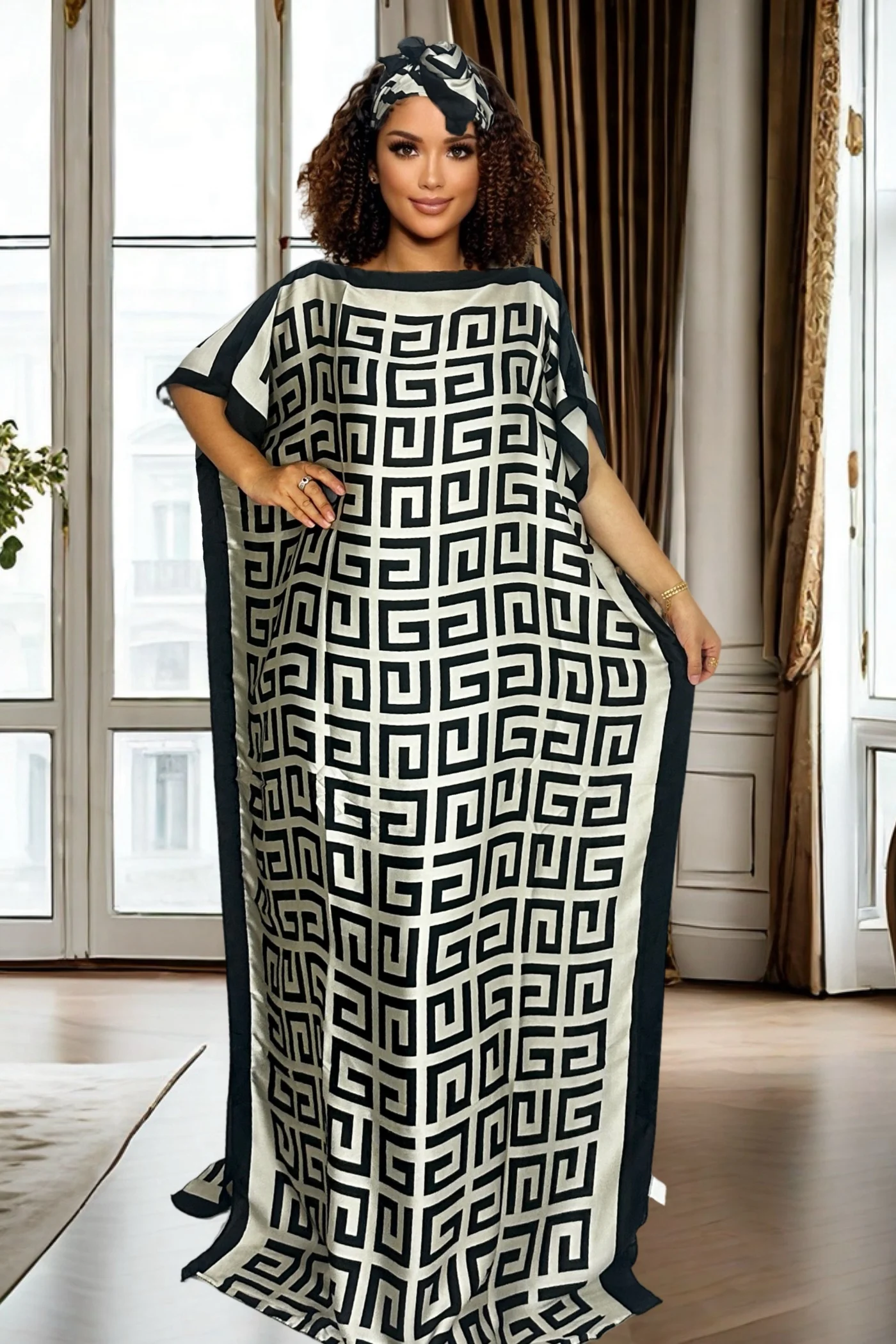 

Plus Size African Print Dress Batwing Sleeves Dashiki with Headscarf