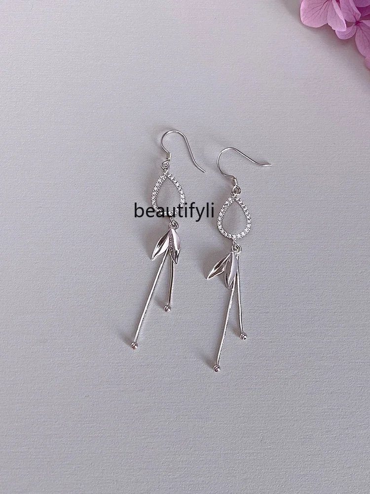 S925 sterling silver earrings long fringed mozzarella diamond ear hook temperament Korean version versatile earrings