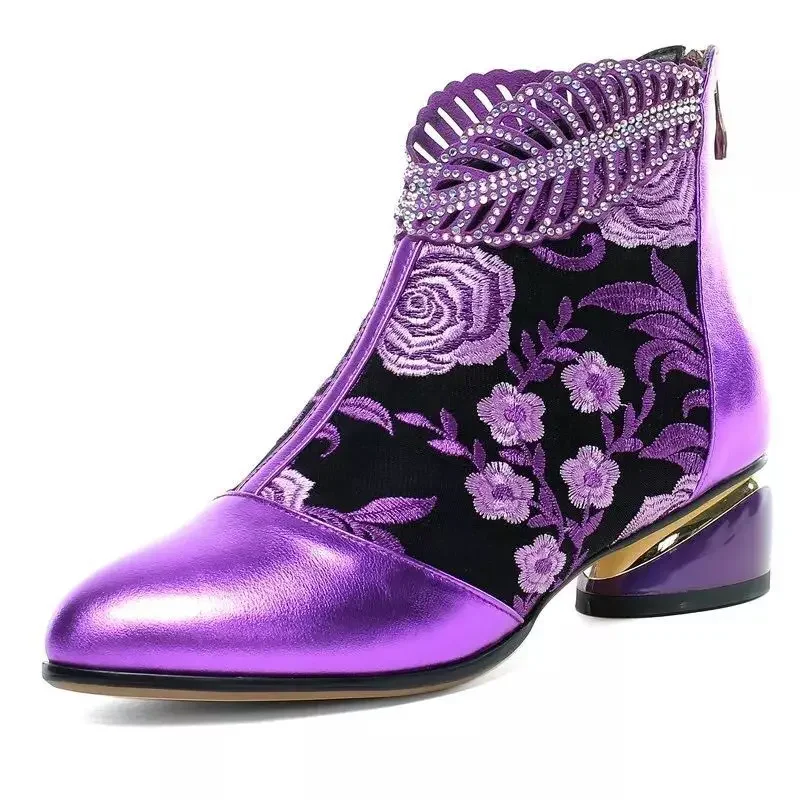 New Ankle Boots Women\'s Shoes Leather Boots Embroidery Ethnic Bohemia Zipper Spring Autumn Ladies Botas Botas De Mujer2021