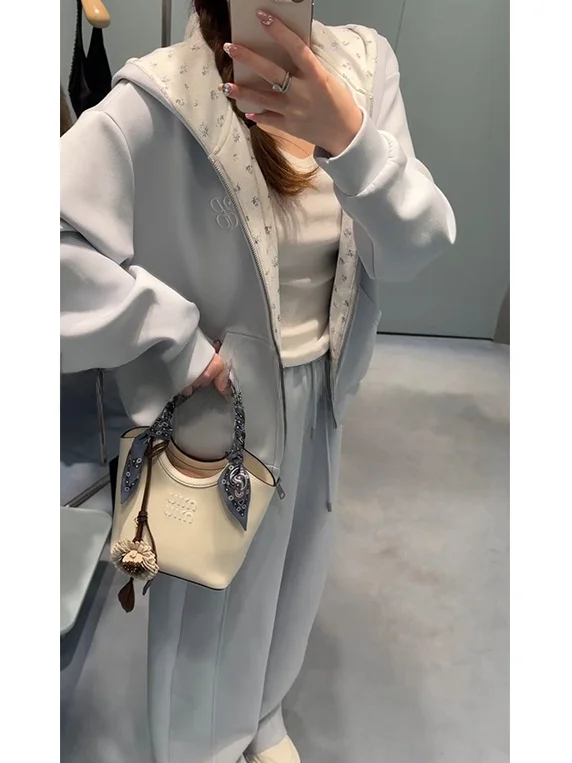 

Youlu Women's Spring Autumn Floral Print Sweatshirt Set Casual High Waist Long Pants Breathable Zipper Decoration Lantern Sleeve