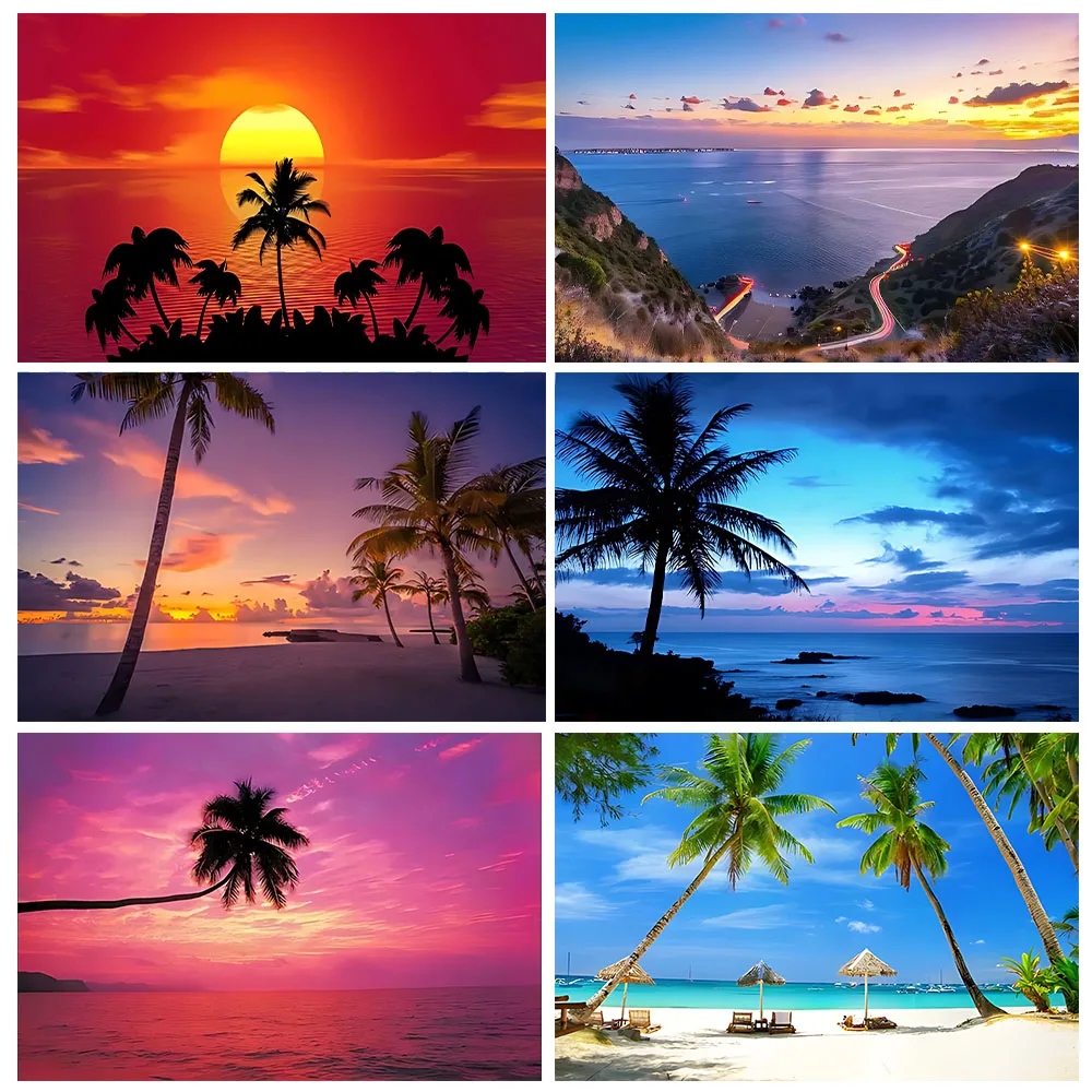 

Summer Beach Theme Party Decoration Backdrop Hawaii Seaside Palm Tree Wave Blue Sky Sunrise Sunset Photography Background