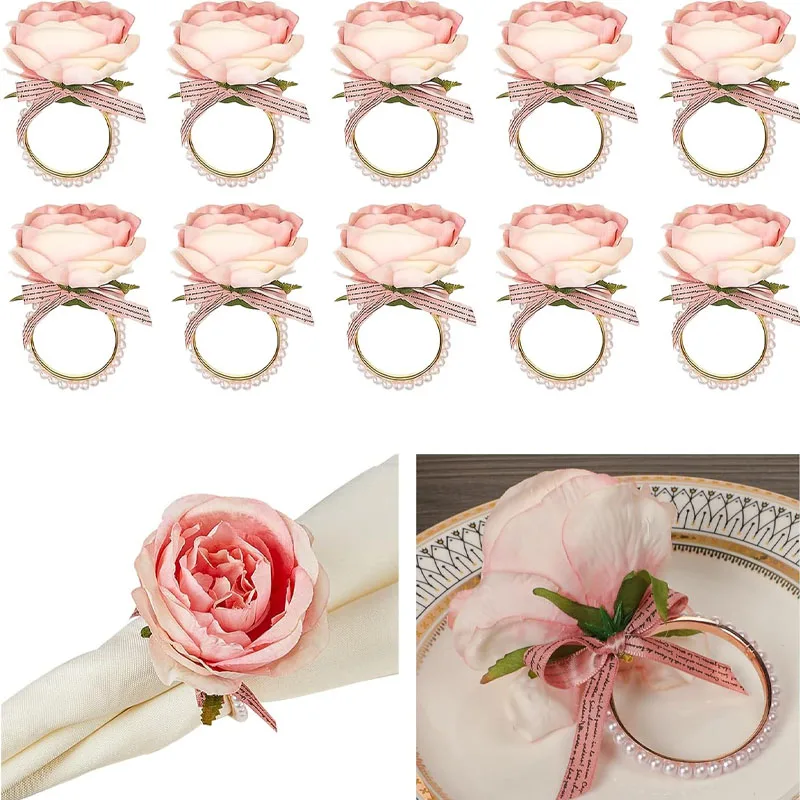 

1-24PCS Valentine‘s Day Rose and Pearl Napkin Rings for Home Dining and Hotel Table Setting Elegant Tableware Decor