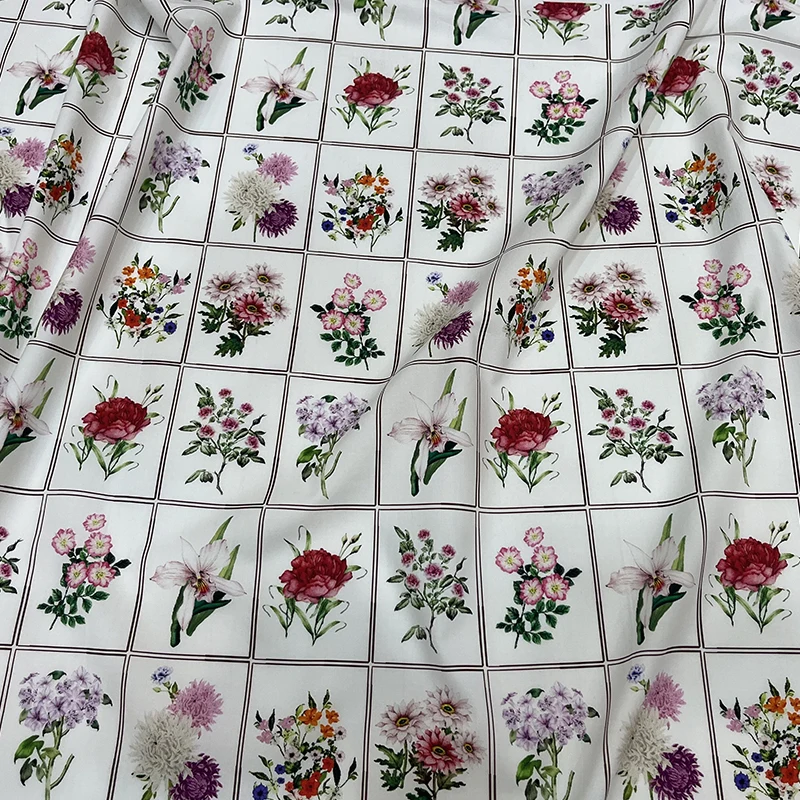 Spring and Summer Fashion Show Pure Cotton Printed Fabric Simulation Silk Satin Women's Dress Plaid Flower DIY Fabric Per Meter