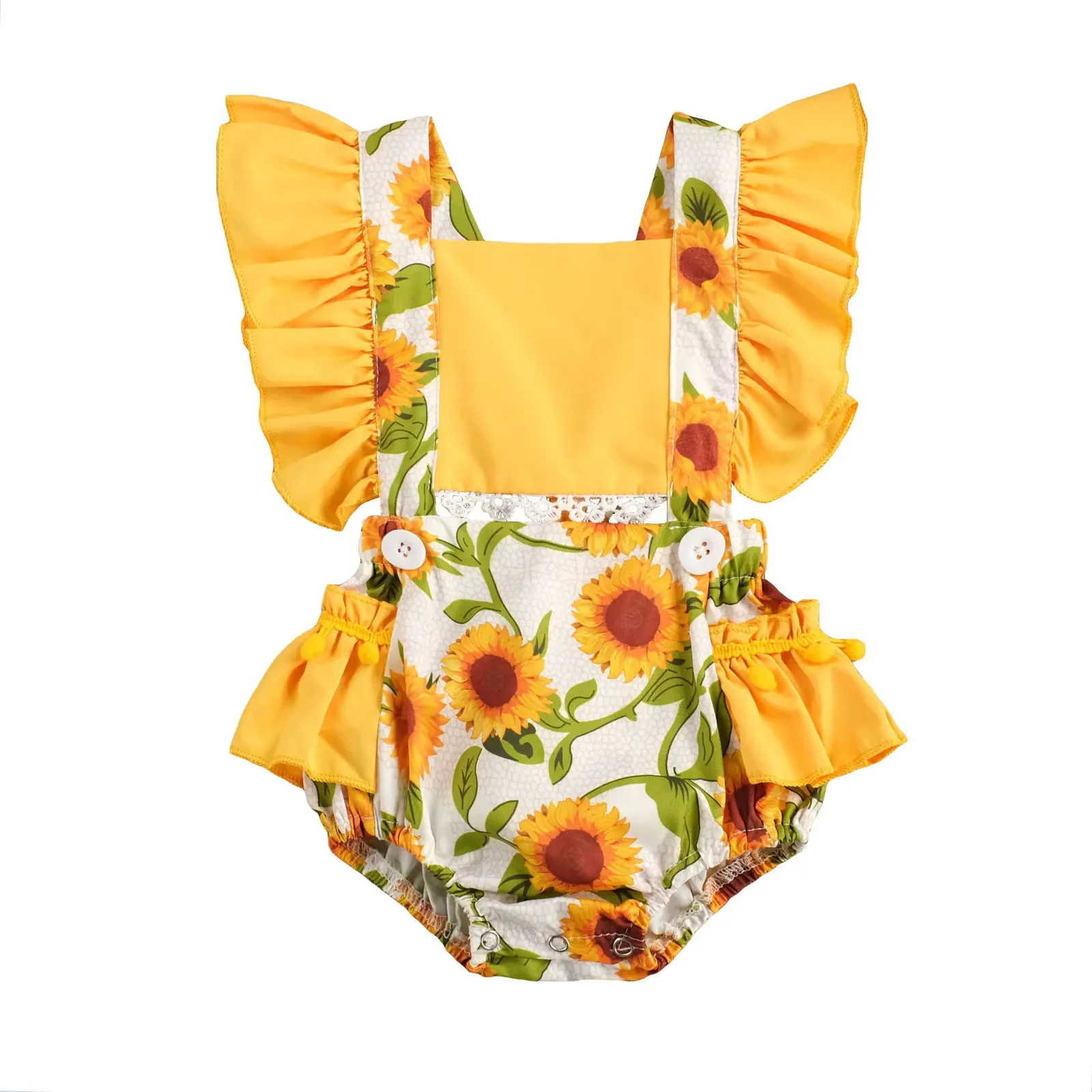 Baby Girls Sunflower Jumpsuits, Ruffle Sleeve Lace Bodysuit Summer Clothes